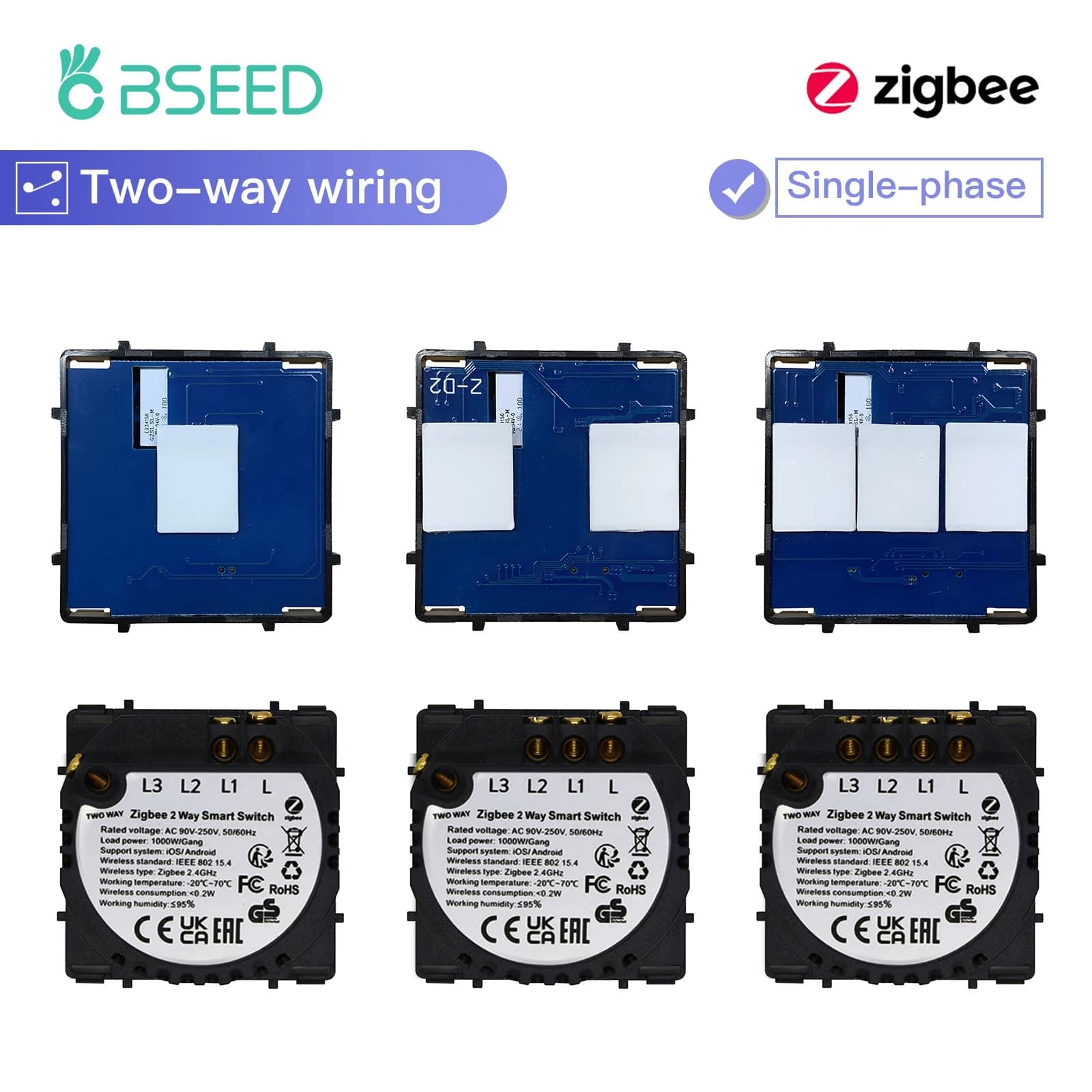 BSEED Zigbee Smart Switch 1/2/3Gang Touch Light Switch Funzione a 2 vie Parte Smart Home Tuya Alexa Controllo senza pannello di vetro
