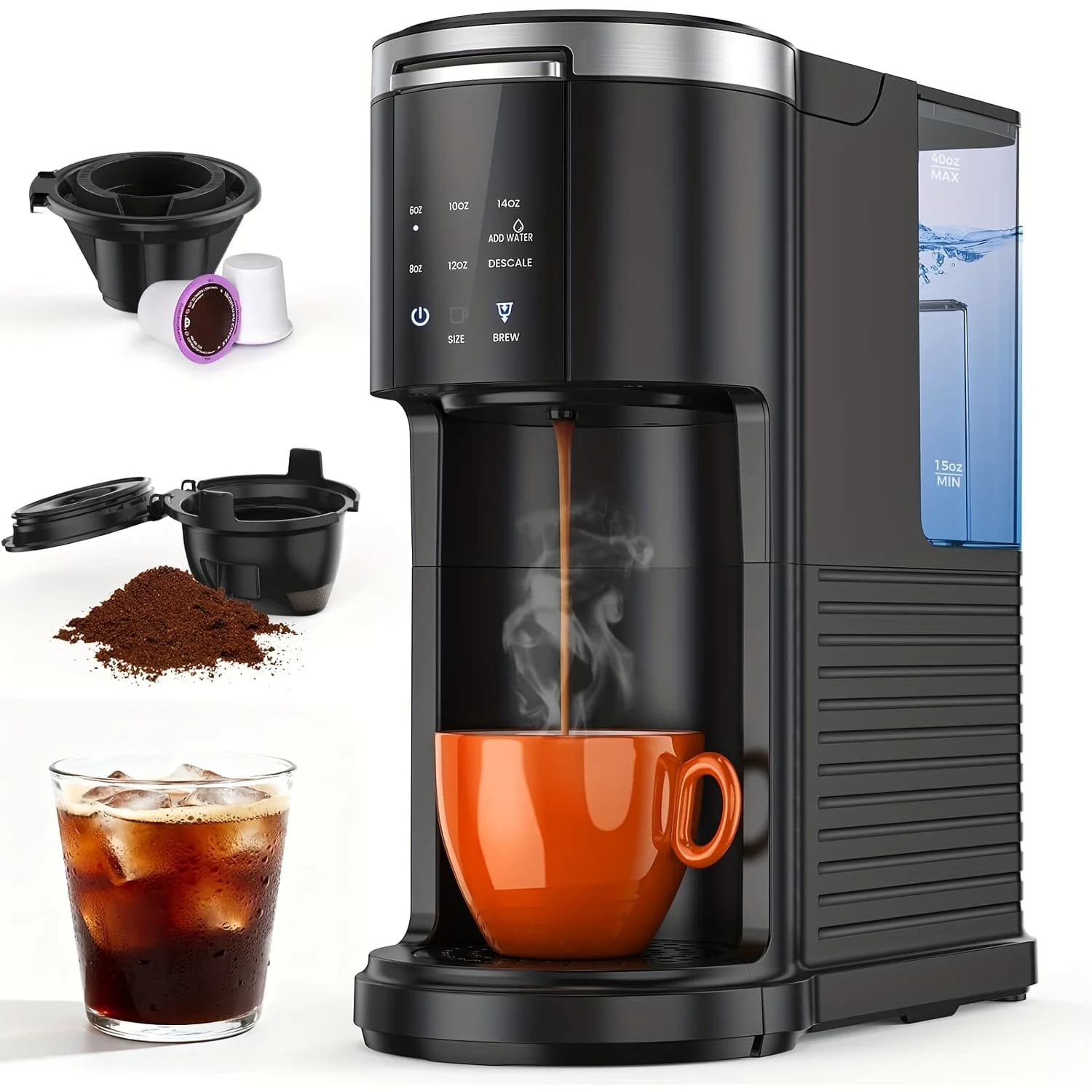 Compact Dual-Use Coffee Maker – Brews K-Cup Pods and Ground Coffee | Adjustable 6 oz to 14 oz Cup Sizes | 40 oz Removable Water Reservoir | Fast Heat-Up & One-Touch Brewing | Fits Most Standard Travel Mugs | Sleek Black Design for Small Spaces