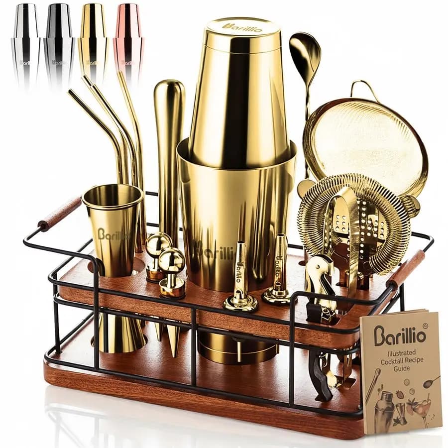 Set da Barman Dorato 23 Pezzi in Acciaio Inox con Supporto in Mogano Africano Premium, Strumenti per Miscelare Cocktail e Martini