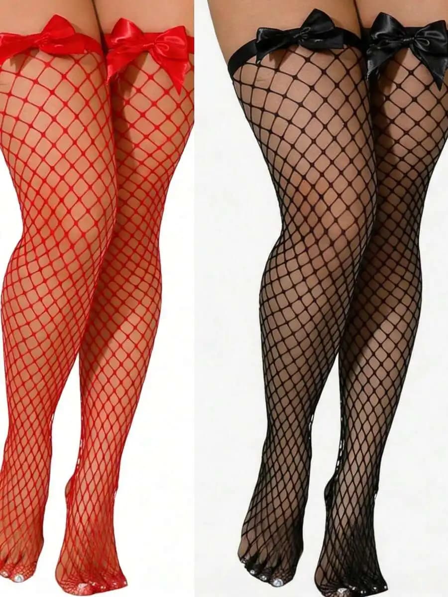 Bow Decor Fishnet Thigh High Stockings, Elastic Hollow Out Grid Over The Knee Fishnet Socks, Sweet Sexy Hold Up Mesh Hosiery For