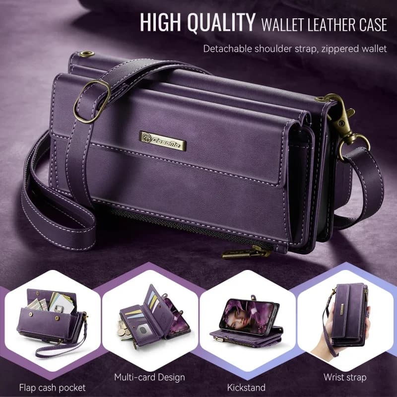 CaseMe Lanyard Leather Zipper Wallet Multi Card Phone Case for iPhone 16 Pro Max 15 Plus 14 13 12 11 X XR XS 7 8 Crossbody Cover