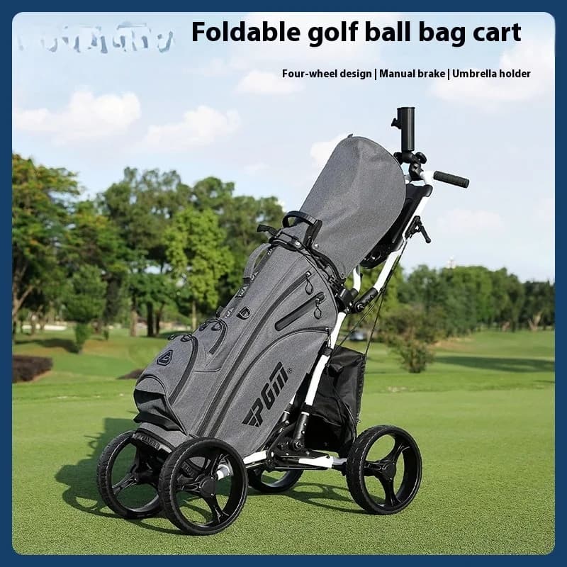 Golf pieghevole a quattro ruote con borsa per ombrellone, supporto per bollitore, freno manuale