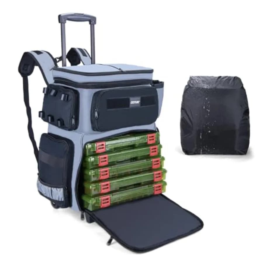 Borsa da Pesca con Ruote da 66L con Vano Refrigerante, Grande Borsa da Pesca con Ruote per 5 Vassoi 3700, Resistente all'Acqua Salata, Vassoi Inclusi
