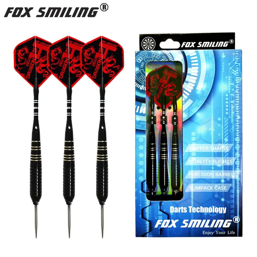 Fox Smiling 3 freccette in acciaio da 24 g con canna di freccette in rame e punte e scatola per freccette sostituibili