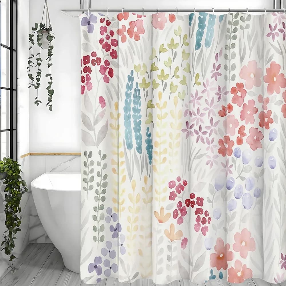 Tenda da doccia acquerello con fiori graziosi e fiori di campo, tenda da doccia decorativa per il bagno, tenda da doccia impermeabile con