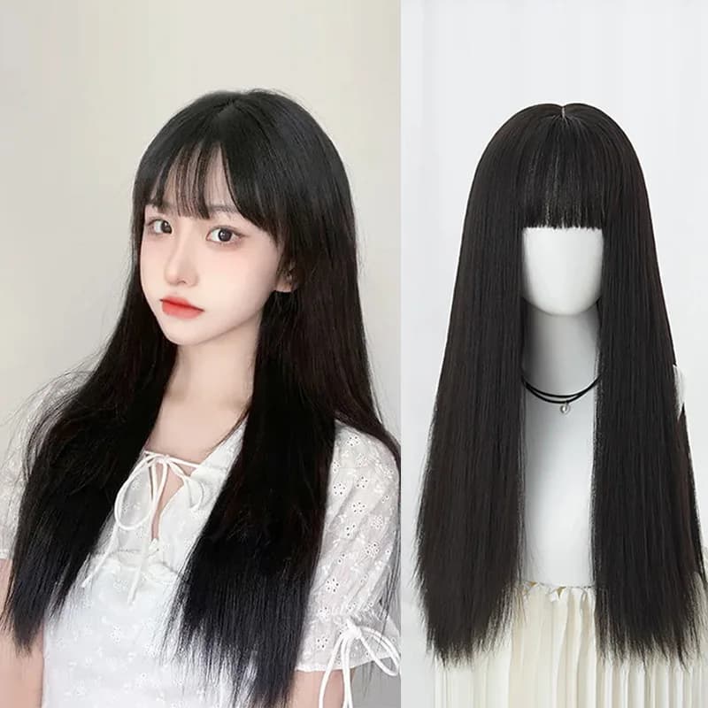 Parrucca sintetica nera per capelli lunghi e lisci con frangia d'aria, festa di festa, parrucca quotidiana, cuffia per parrucca in seta per capelli ad alta temperatura