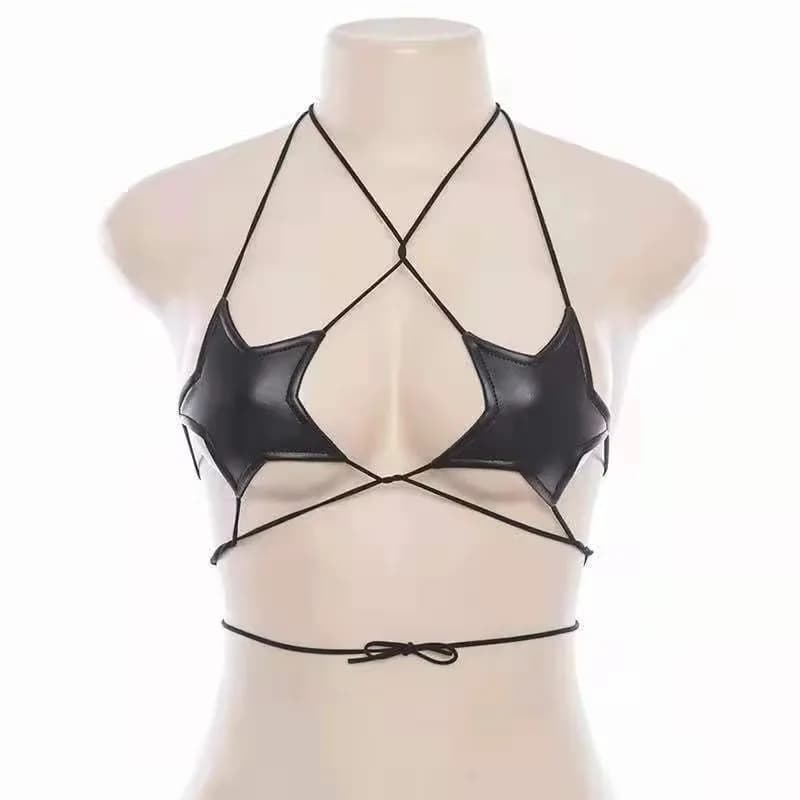 Reggiseno sexy da donna in pelle a forma di stella con lacci, bustier, crop top, bralette, reggiseno a fascia con collo all'americana, gilet riflettente argento per discoteca