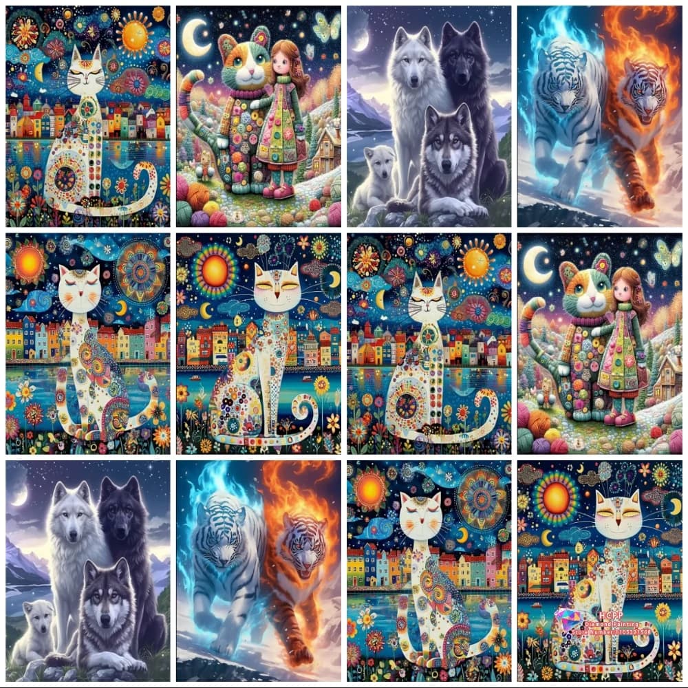 Set di pittura con diamanti 5D fai da te, gatti colorati, ricamo a punto croce, regalo fatto a mano, decorazioni per la casa