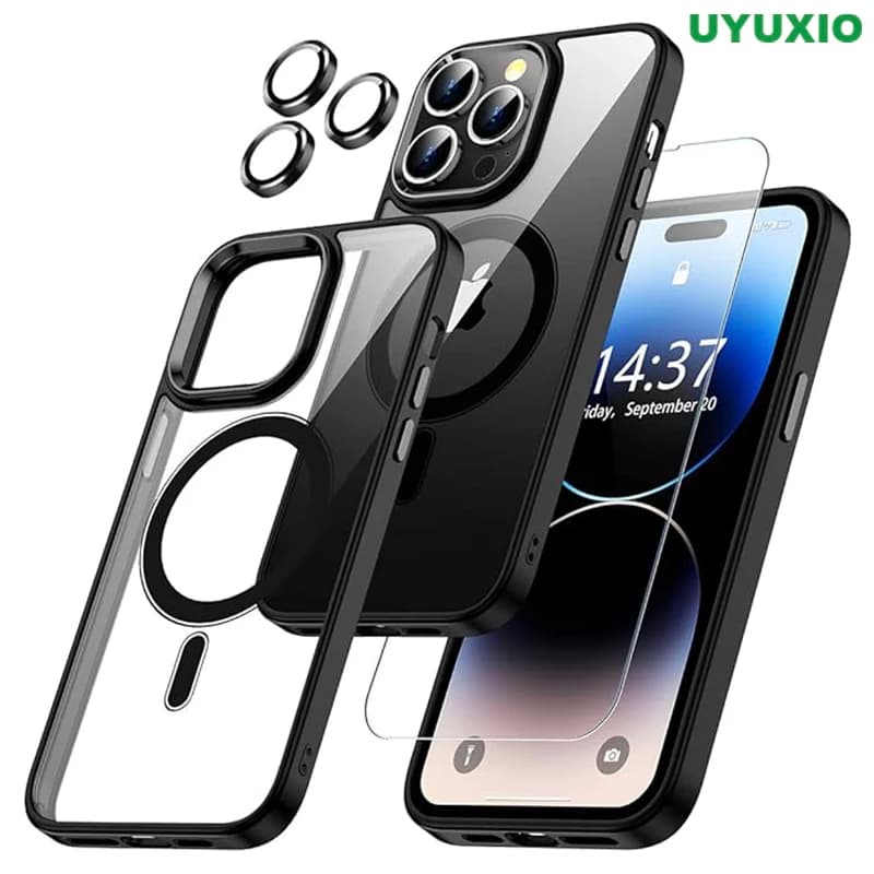Custodia Magnetica Nera Trasparente per iPhone 17 16 15 14 Pro Max Plus 13 12 Mini 11 con Protezione Schermo e Protezione Lente