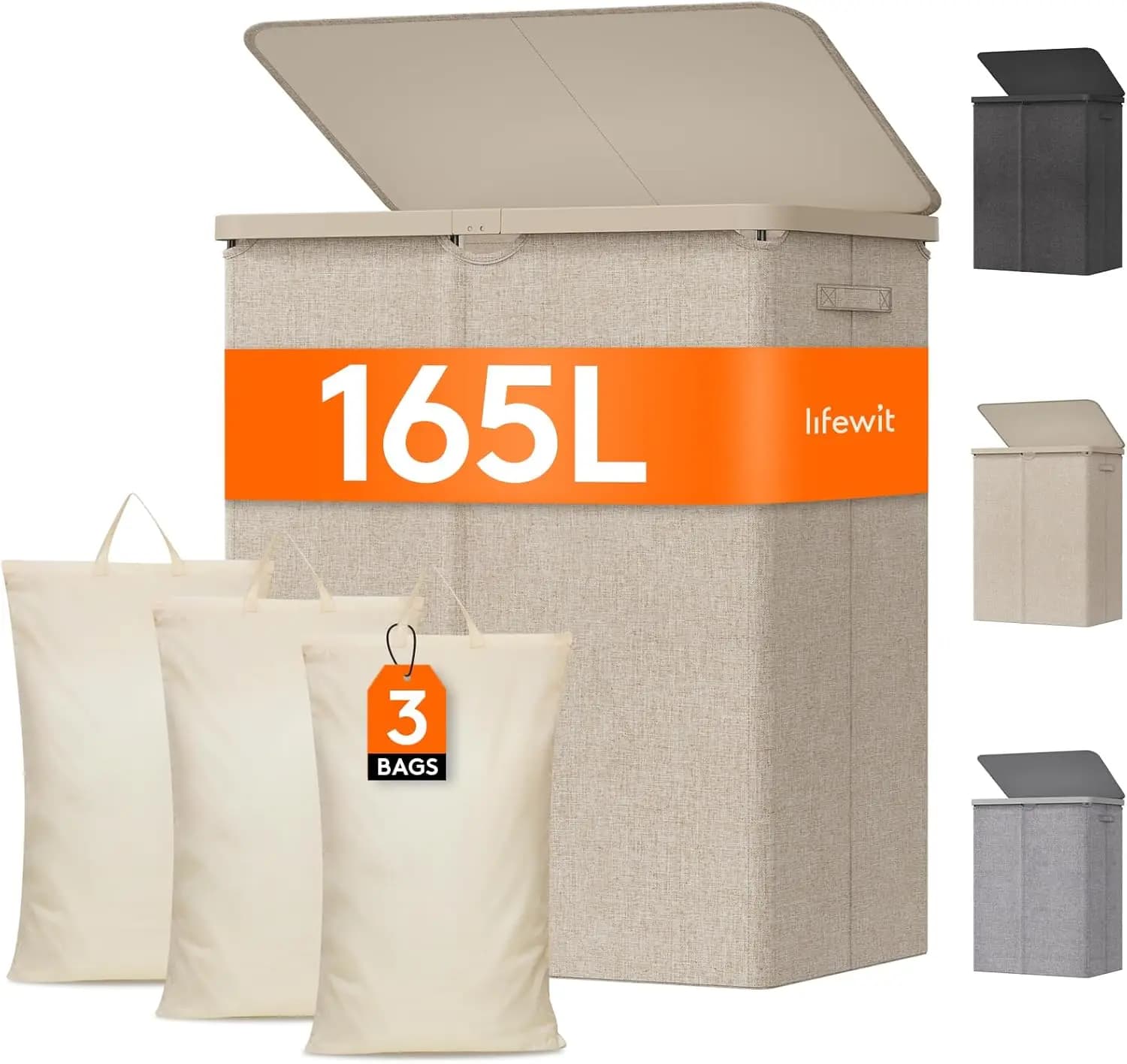 Large 165L Bucato Basket with Cover, Foldable basket with 3 compartments with Removable Bags for Bedroom, Bathroom, Shower