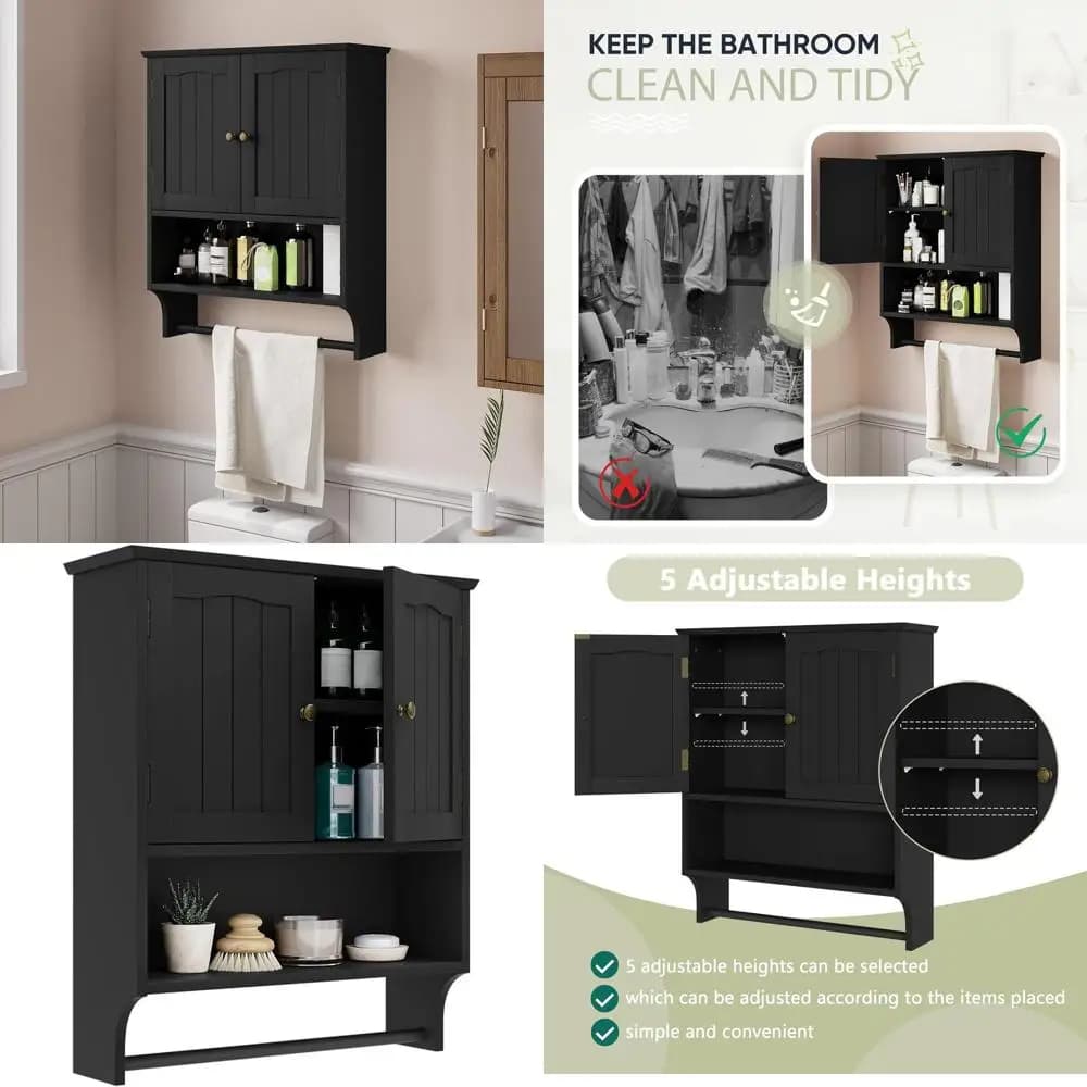 Mobiletto da Bagno Nero a Parete con Portasciugamani, Armadietto a 2 Ante per Medicinali, Ripiani Regolabili, per Installazione Sopra WC o Lavanderia