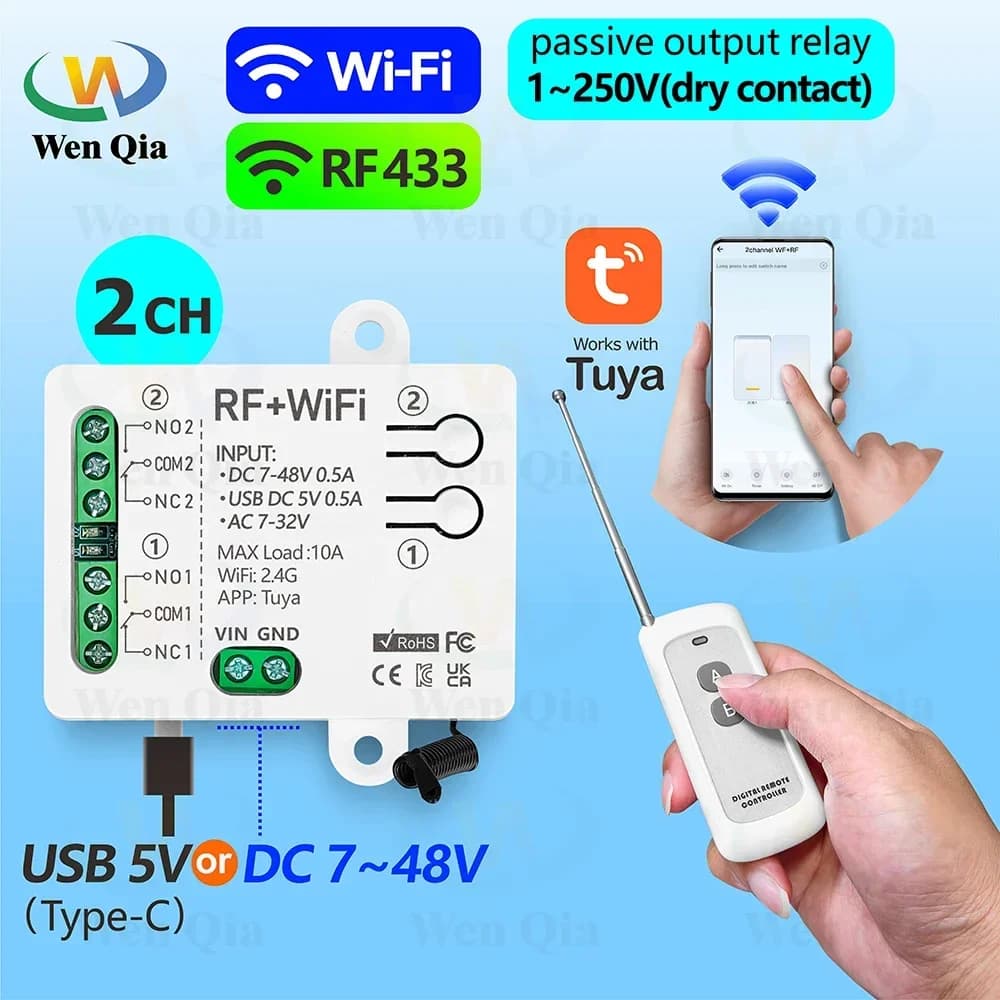Interruttore della luce intelligente 2CH Tuya, modulo di controllo remoto WiFi e RF, USB 5V DC 12V 24V 48V, funziona con Alexa Google Home, per il motore della ventola della lampada