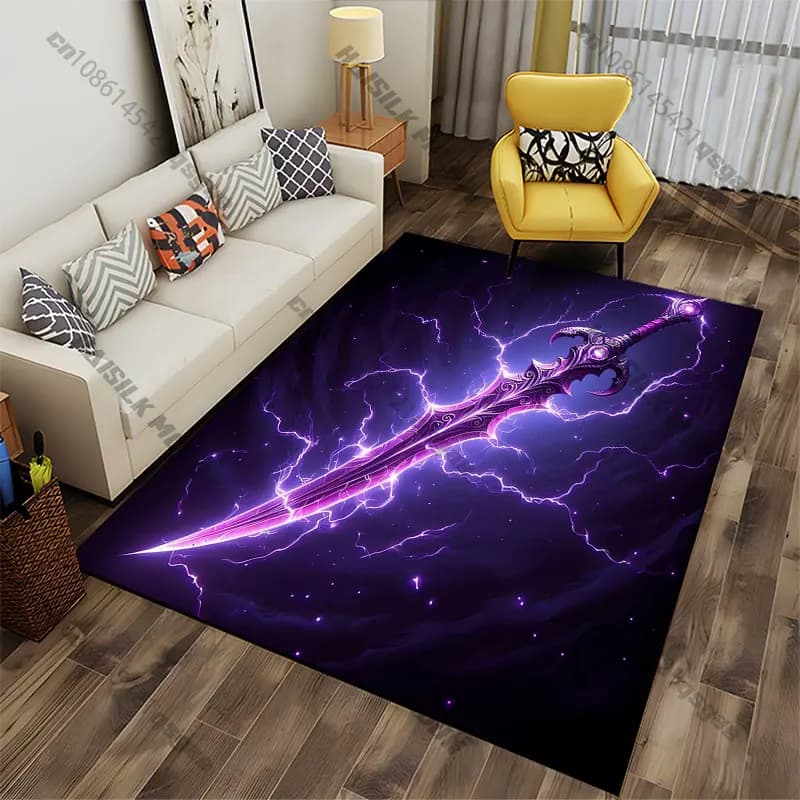 Magic carpet enchanted with bright purple sword, yoga mat, decoration for living room, baby mat, grass, carpet for play area