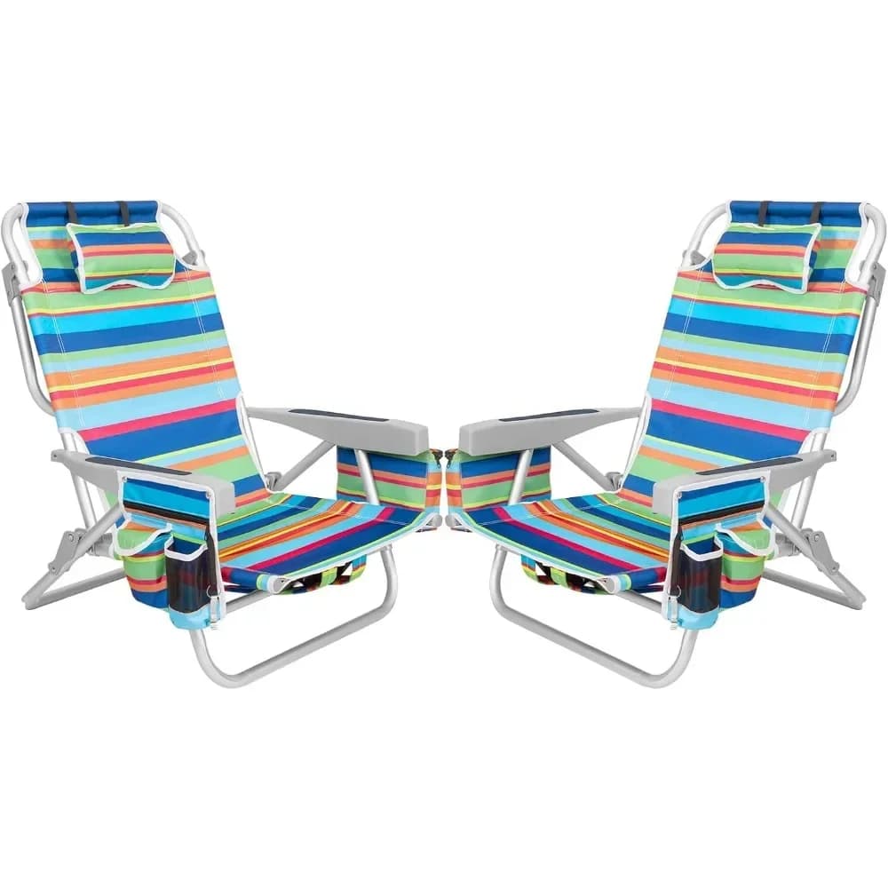 Wide 5-Position Flat Folding Backpack Chairs with Cooler, Cup & Phone Holder, and Towel Bar for Outdoor and Camping