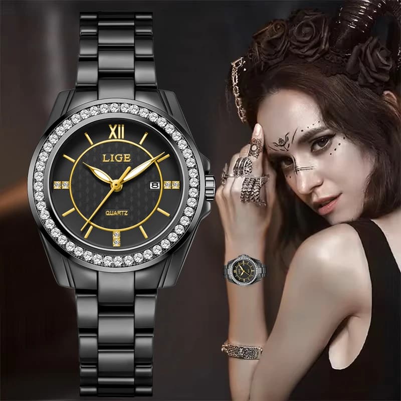 LIGE 2026 Nuovo orologio in ceramica nera di lusso da donna moda impermeabile orologio da polso al quarzo da donna luminoso cronografo al quarzo casual