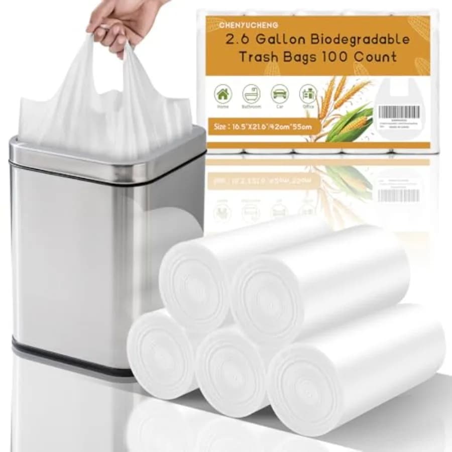 2.6 Gallon Small Trash Bags Bathroom With Handle 100 Count Biodegradable White Mini Garbage Bags 10 Liter, Tiny Waste Basket Li