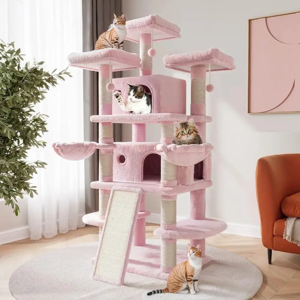 68 Multi-Level Large Cat Tree with Condo, Plush Perches, Sisal Posts, Hammocks, Activity Center - Pink