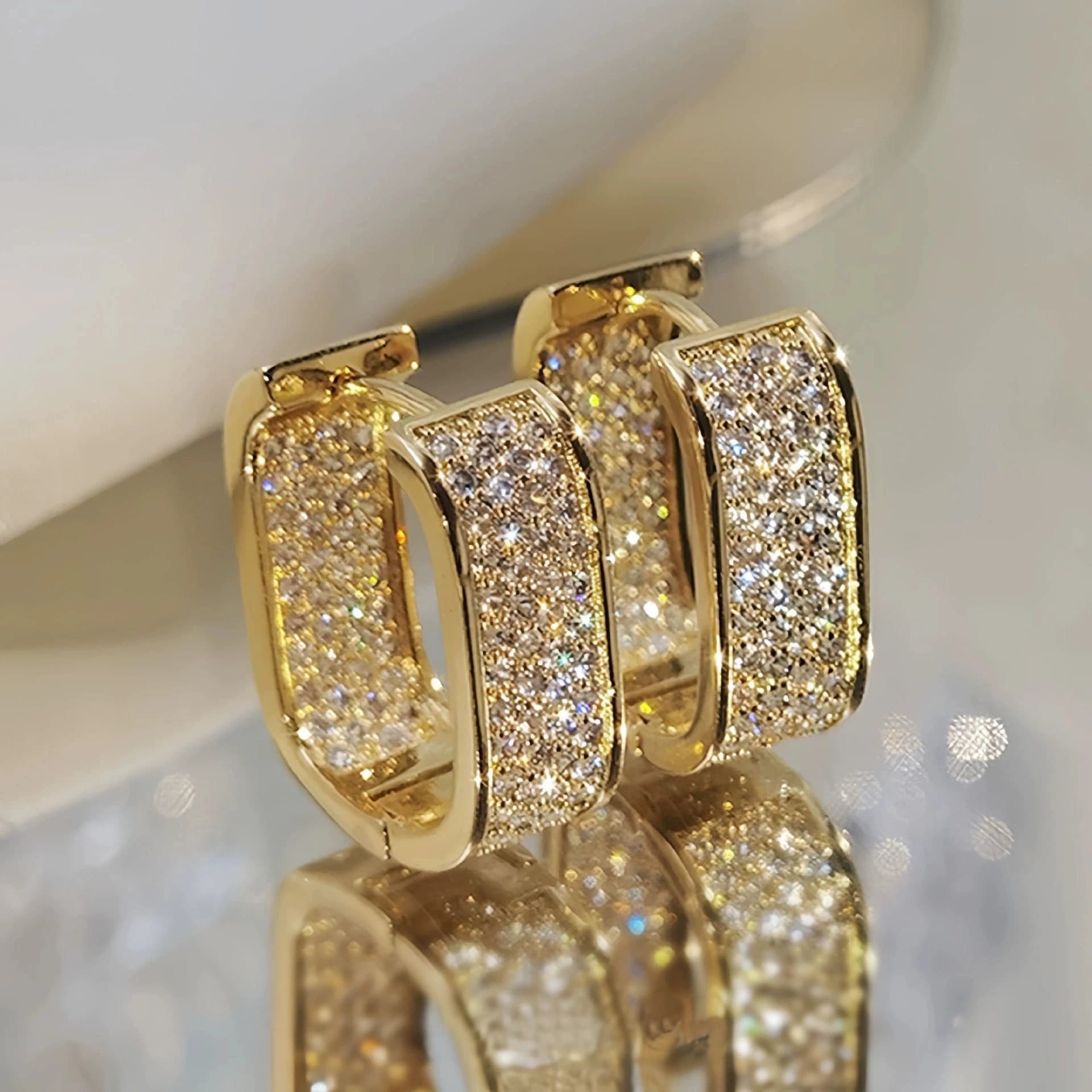 Gold Plated Micro Pave Zircon U-Shaped Hoop Earrings, Wide Curved Stainless Steel Huggie Earrings, Sparkling Statement Jewelry for Women