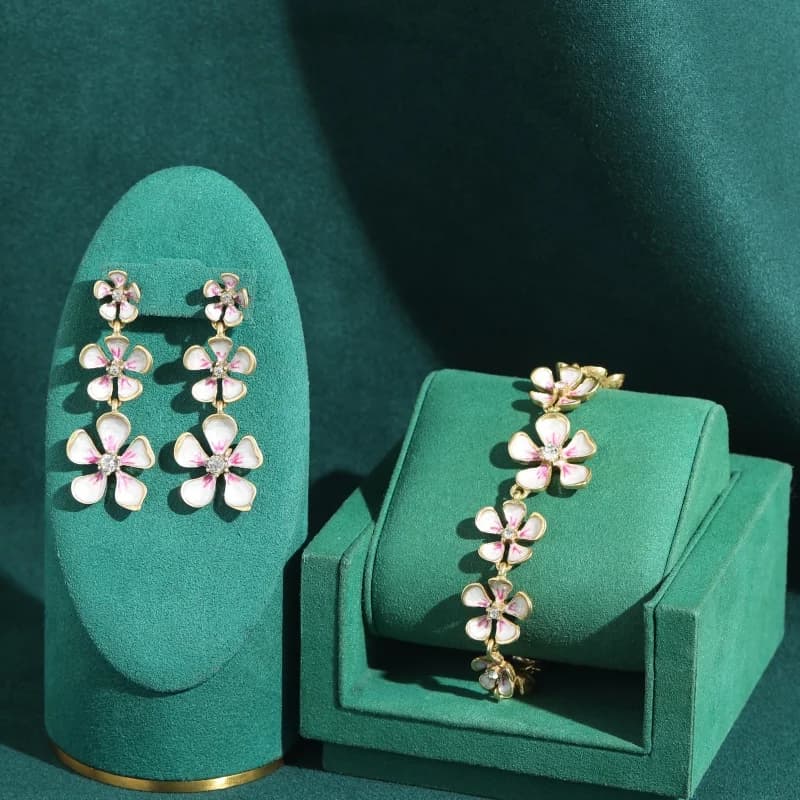 Vintage Pink Enamel Flower Jewelry Sets Bracelet Earrings For Women Luxury High Quality Classic Wedding Party Gift Trends 2026