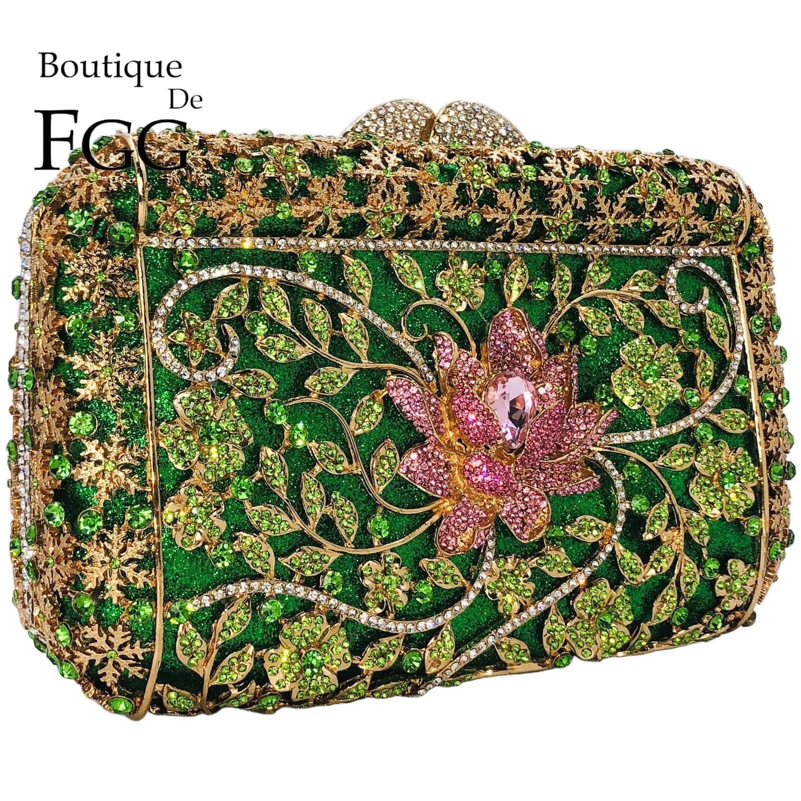Boutique De FGG Green Crystal Clutch Purses for Women, Formal Party Dinner Rhinestone Clutch, Bridal Flower Evening Handbags
