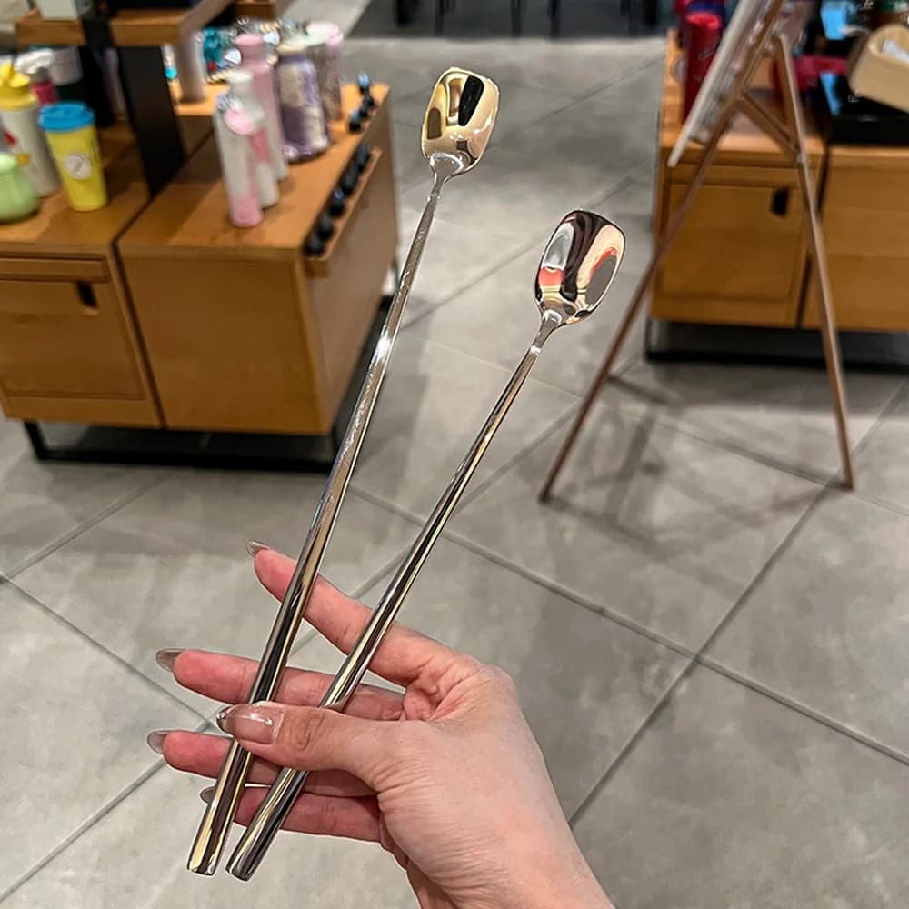 316 Stainless Steel Stirring Spoon Long Handle Square Head Cocktail Mixer For Iced Coffee Milk Tea Drinks Kitchen Utensil