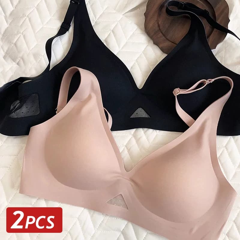 2 pezzi/set reggiseni senza cuciture da donna reggiseno traspirante in seta di ghiaccio senza biancheria intima morbida in acciaio imbottita push up sexy bralette con collo profondo solido