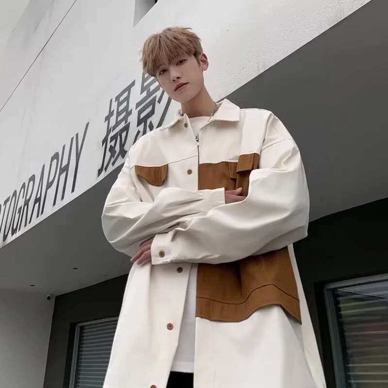 Spring Large Size 300 Pounds American Retro Men's Long Sleeve Shirt Color Block Workwear Jacket Trendy Street Style Outerwear