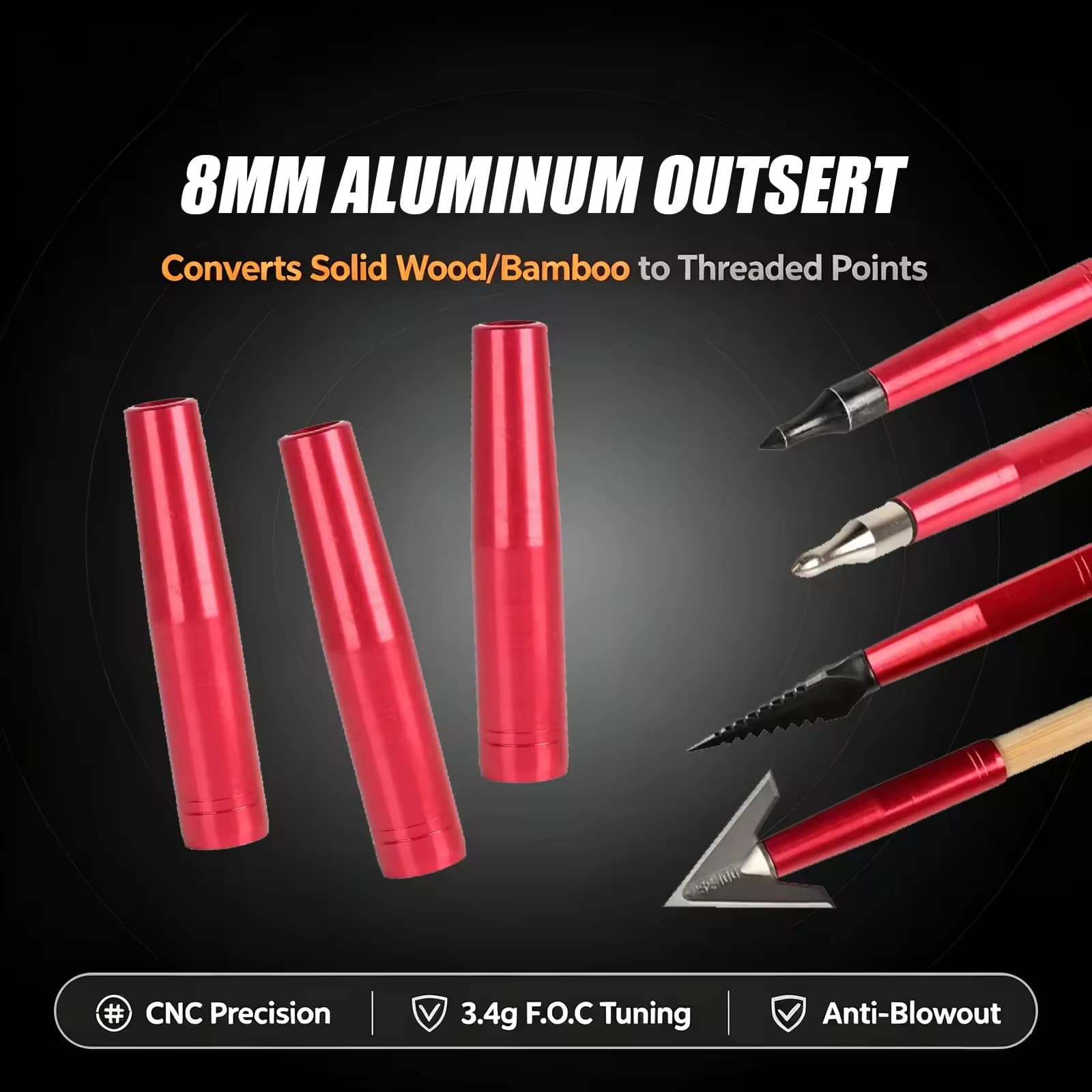 8mm Aluminum Arrow Insert Universal Thread Arrowhead Adapter Shaft Protector Break Resistant for Archery Hunting Target Practice