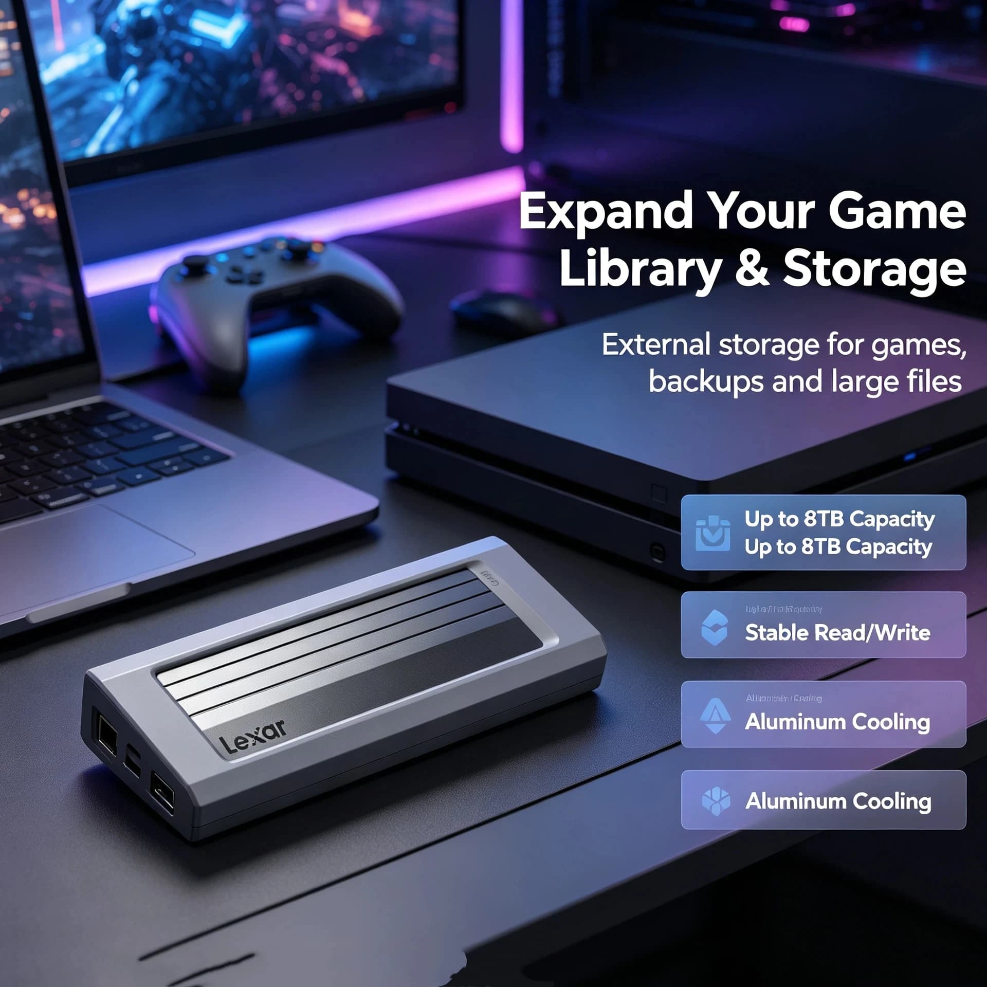 Lexar E300 M.2 SSD Enclosure USB 3.2 Gen 2 Type C 10Gbps NVMe External SSD Case for 2230 2242 2260 2280 SSD for Engineer CAD Pro