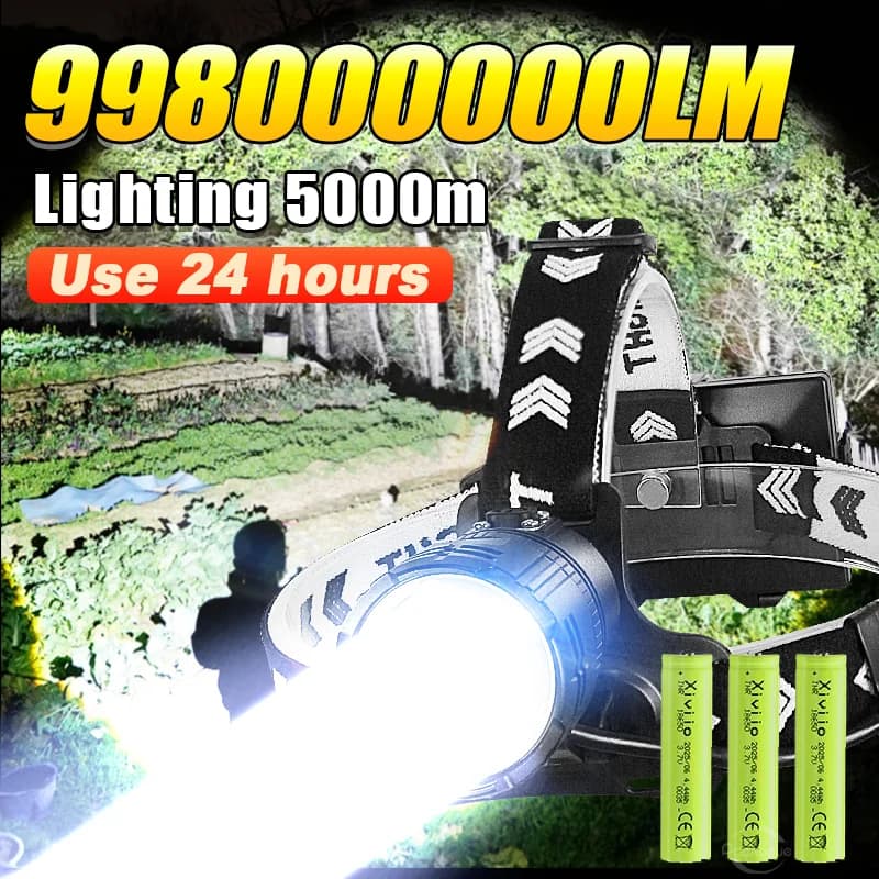Potente Torcia Frontale LED da 998000000LM, Faro ad Alta Potenza con 3 Modalità e Luce di Avvertimento, per Campeggio, Pesca e Caccia