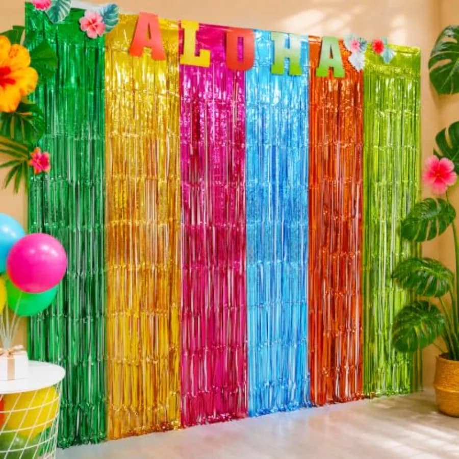 Luau Party Decorations, 2 Pack of 3.3x6.6 ft Hawaiian Aloha Decorations Foil Fringe Curtains, Streamers Photo Booth Props Backd