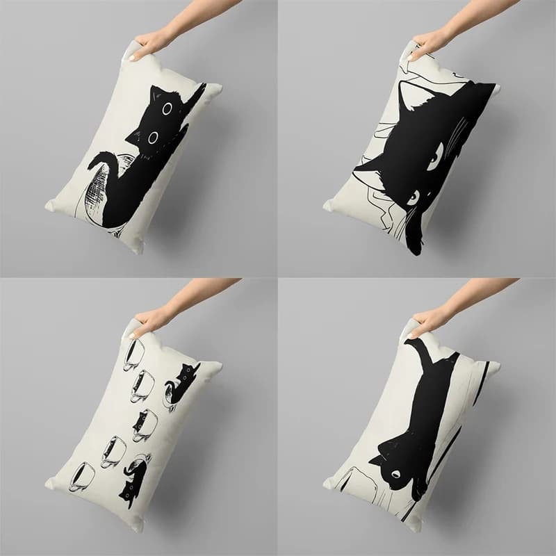 VIKAMA Fodera per cuscino decorativa con gatto nero pigro, gattino dei cartoni animati, per cameretta dei bambini, camera da letto, divano, decorazioni per la casa