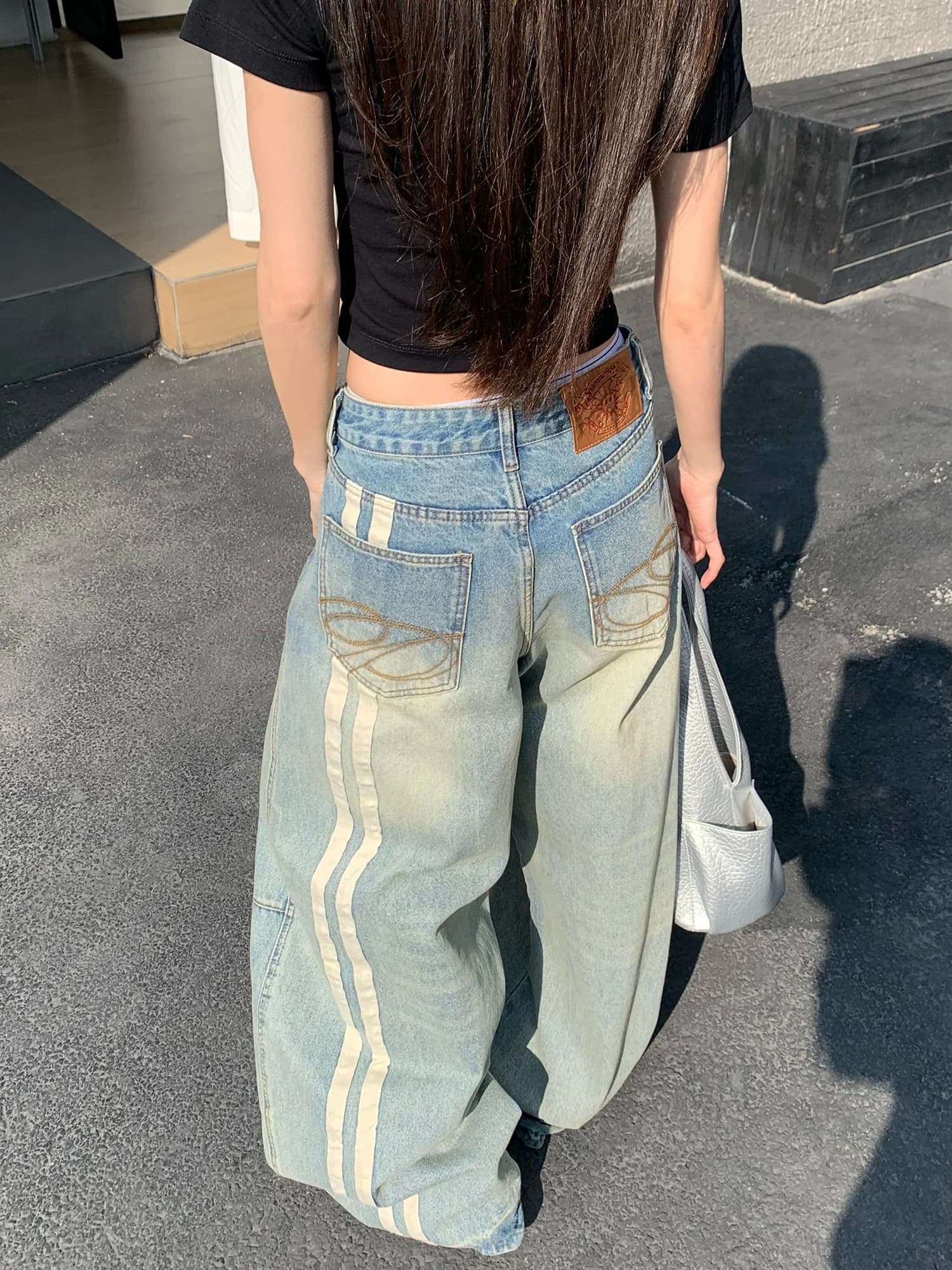 Jeans Wild Aziz American Retro con Doppia Striscia, Gamba Larga, Ricamati in Vita, Stile Street