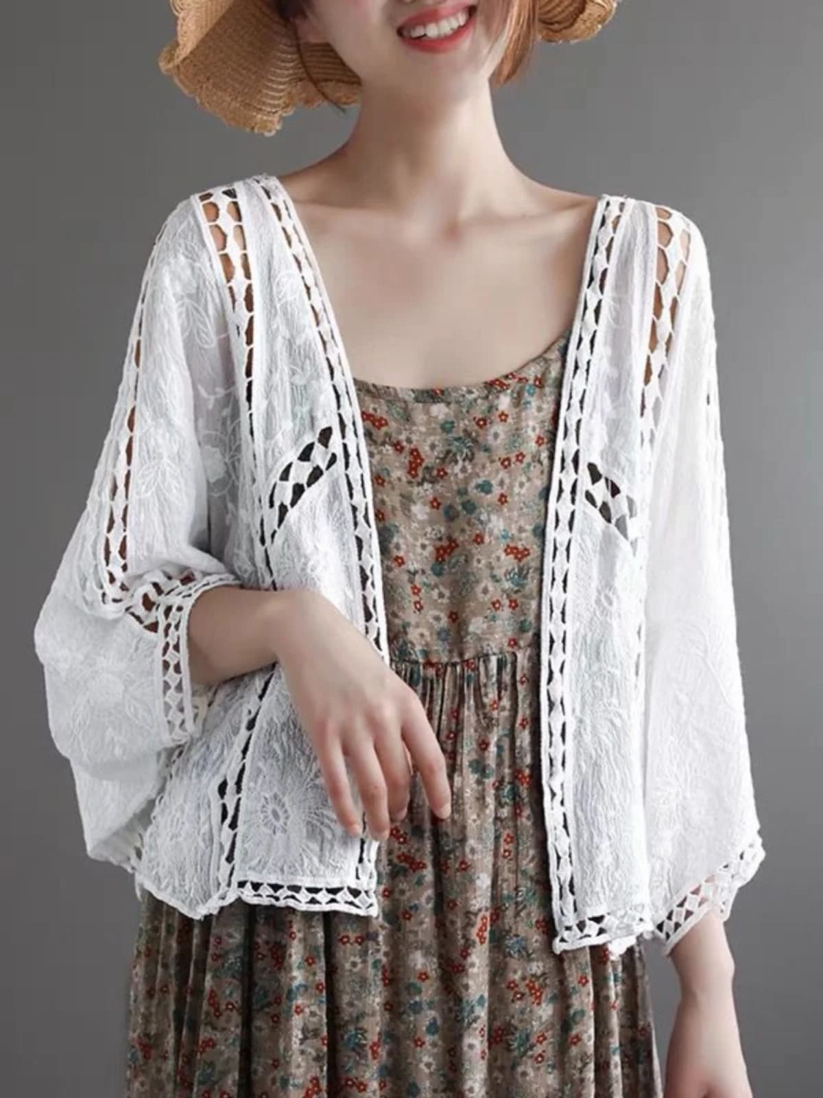 Women's Knitted Hollow out Cardigan Summer 2024 Vintage Lace Hook Design Air Conditioning Shirt Stylish Lace Shawl Jacket
