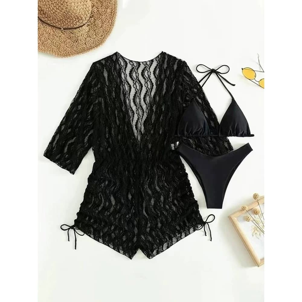High-Waist Drawstring Long-Sleeve Mesh Bodysuit Bikini Set Women's Sexy Style Swimwear Sunshade Cover up Three-Piece Swimsuit