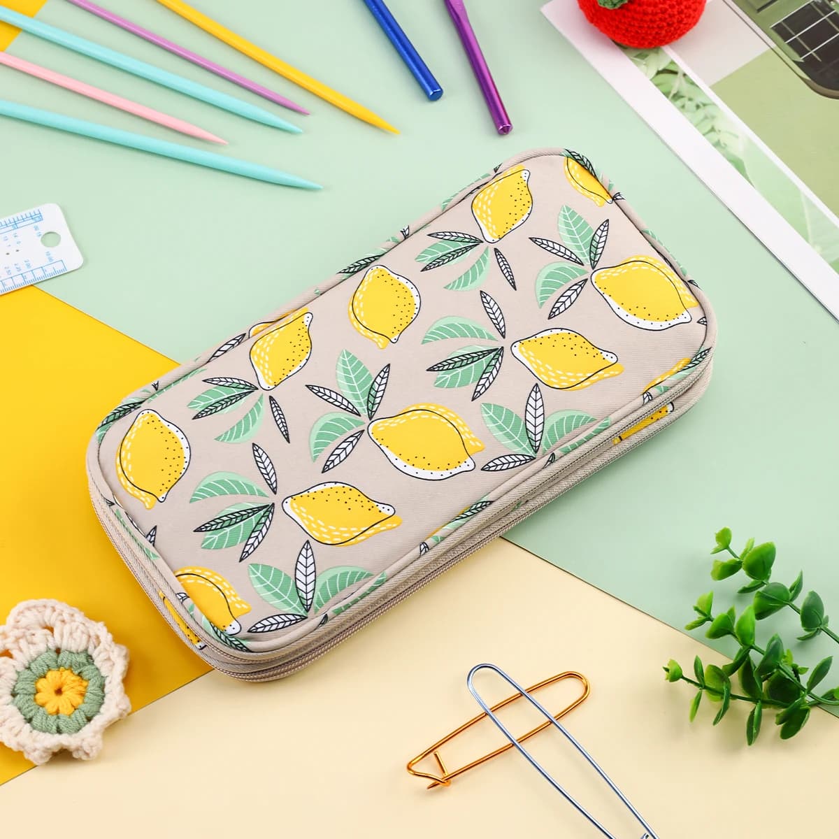 Organizzatore di ferri da maglia vuoti Borsa portaoggetti per uncinetti giallo limone Borsa per accessori per strumenti da cucito rettangolare impermeabile