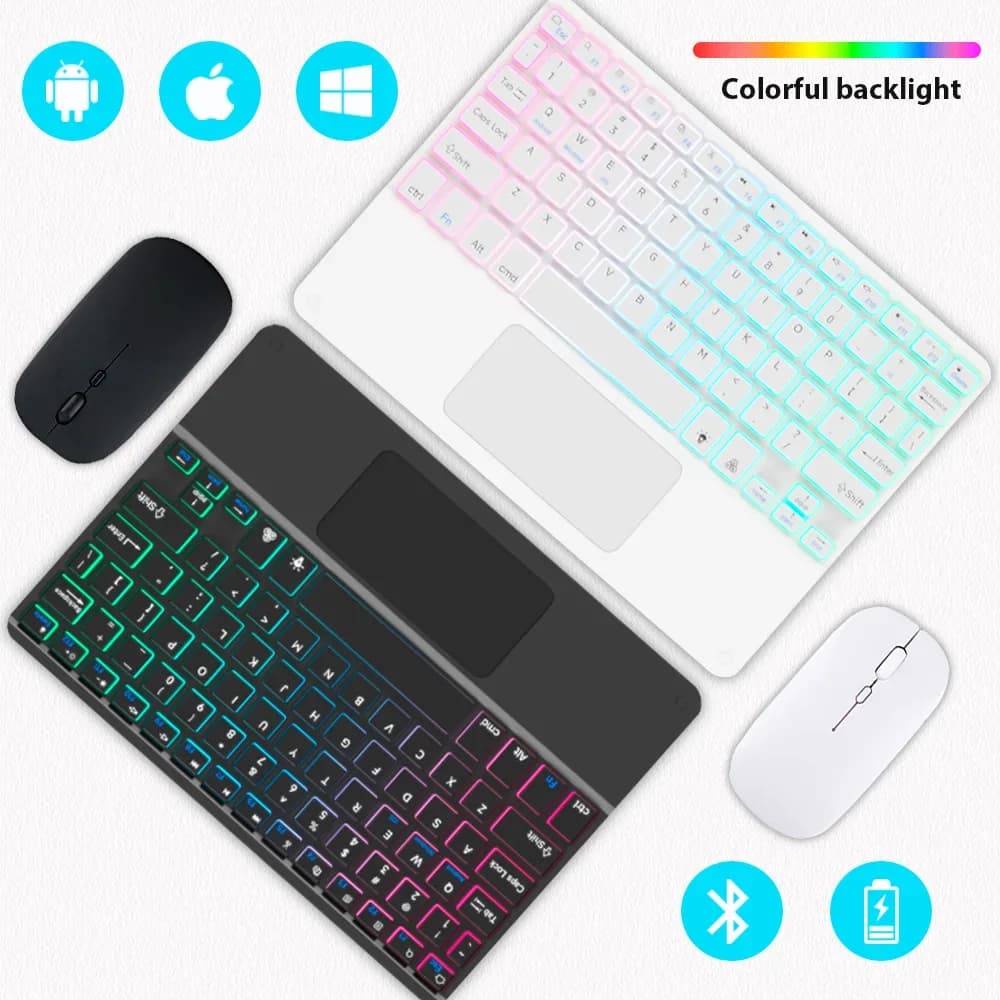 Tastiera Bluetooth per tablet Android IOS Tastiera mouse wireless Windows Tastiera retroilluminata arcobaleno compatibile Bluetooth per iPad