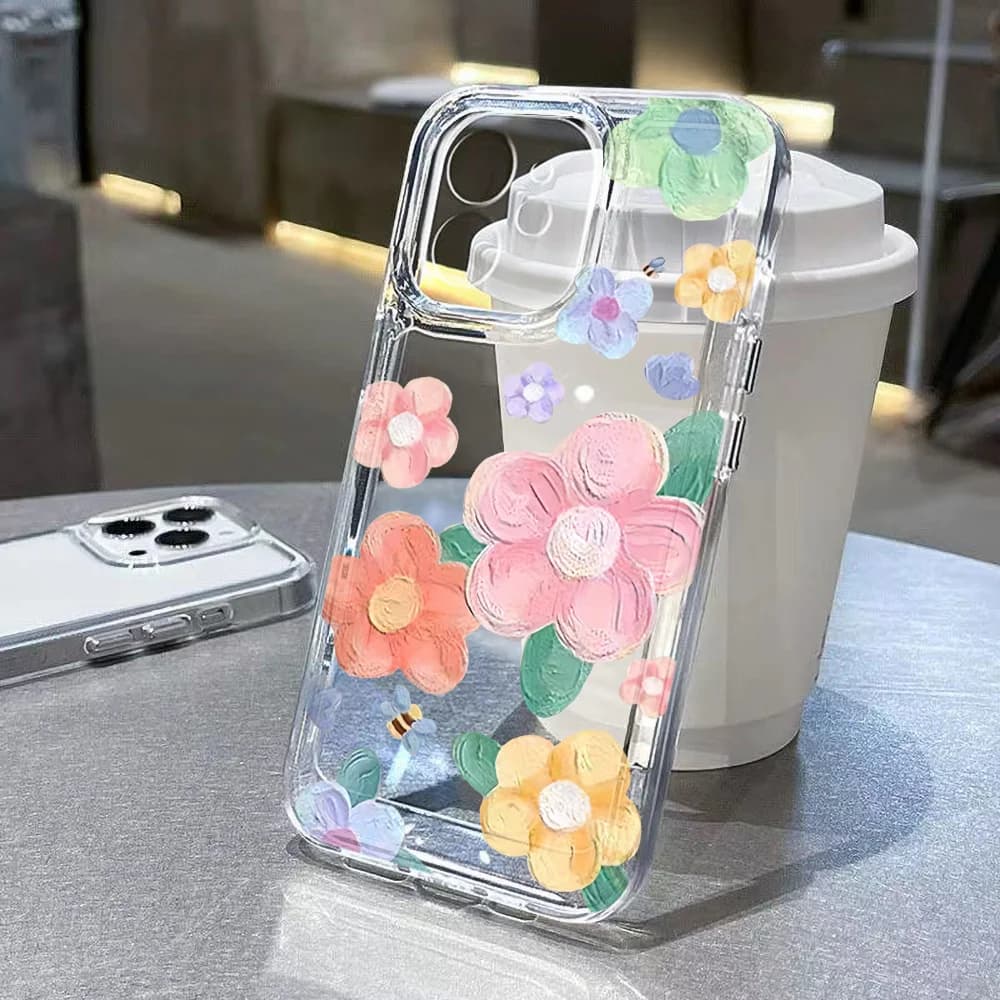 Transparent Flower Painted Phone Case For iPhone 13 11 16 Pro Max 15 14 12 16promax 15promax Soft Silicon Shockproof Funda Cover