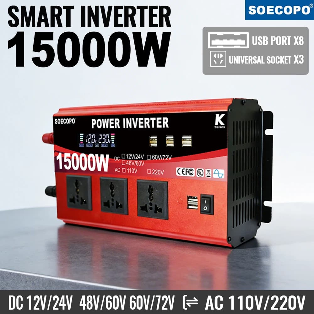 Inverter per Auto 6000W-30000W da AC 12V 24V a DC 110V 60Hz con Caricatore USB per Generatore Solare Domestico e Camper