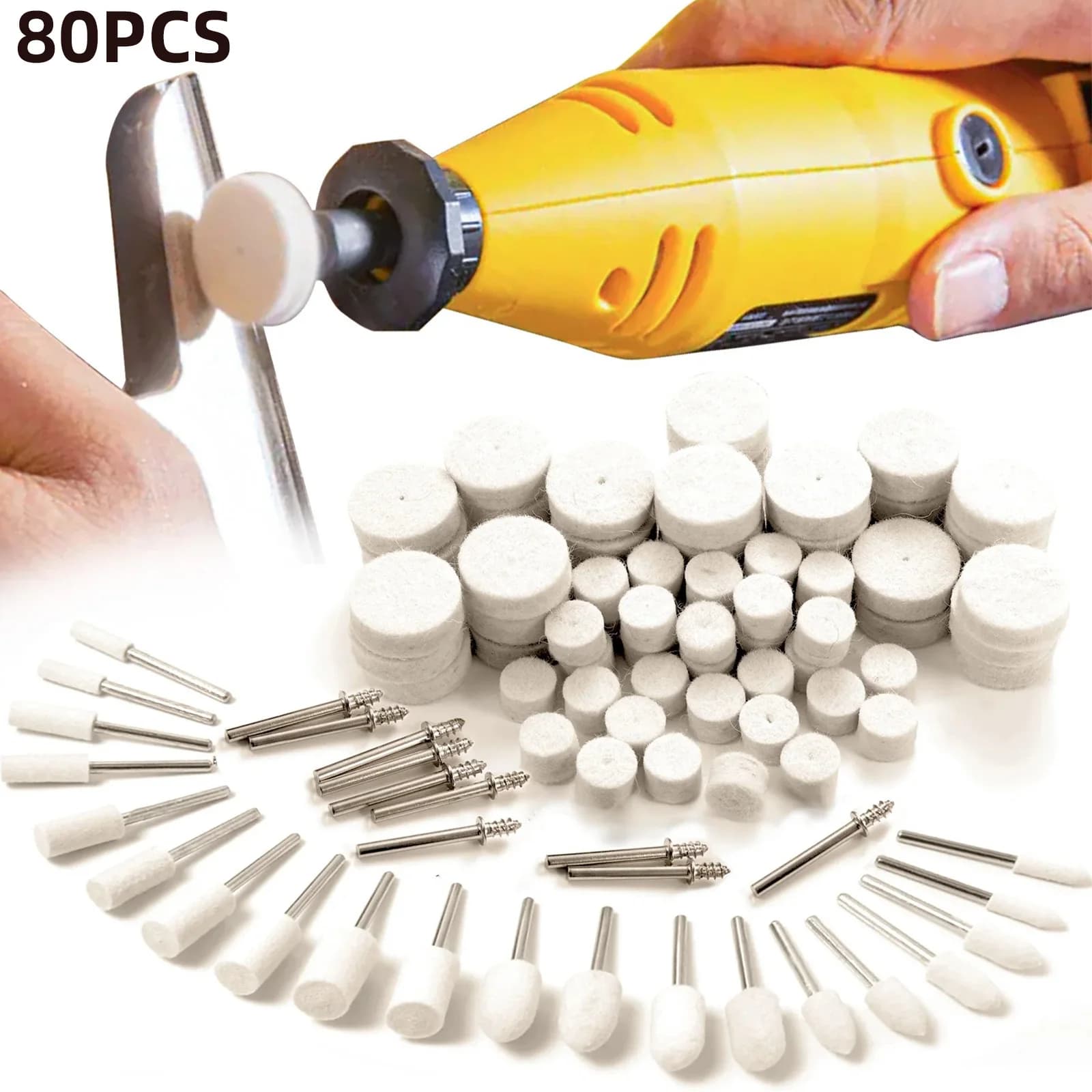 80pcs Wool Felt Buffing Wheel Kit 1/8'' (3.175mm) Shank Rotary Tool Polishing Wheels for Metal Jewelry Wood Plastic Resin