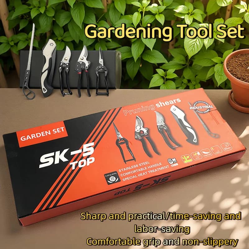 Set di cinque attrezzi da giardinaggio per la cura dei fiori, include una sega pieghevole e forbici da potatura, set di attrezzi per la potatura domestica.