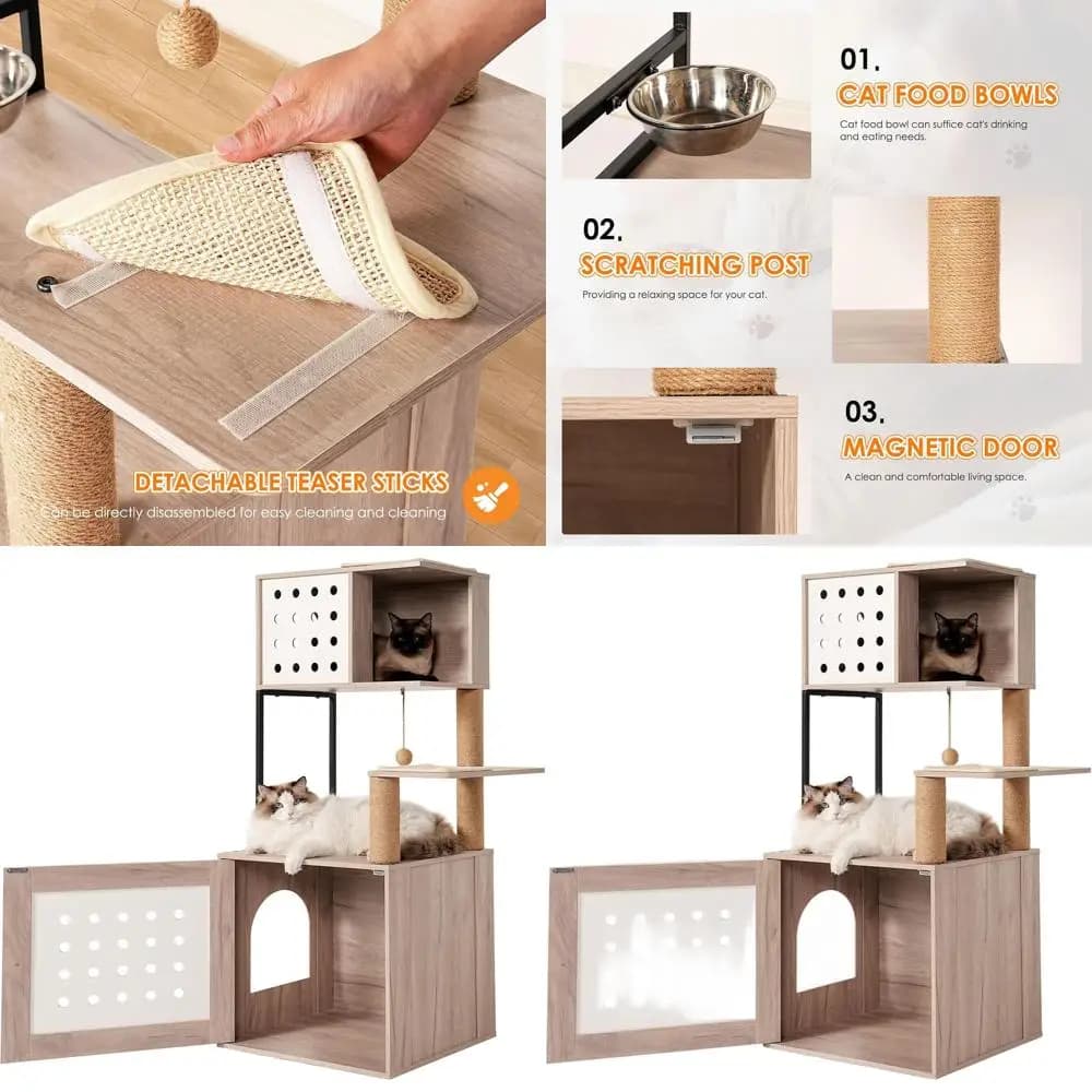 Albero per Gatti Multi-Livello con Recinto per Lettiera, Amaca, Cuccia, Tiragraffi, Stazione per l'Alimentazione e Posatoio in Grigio e Bianco