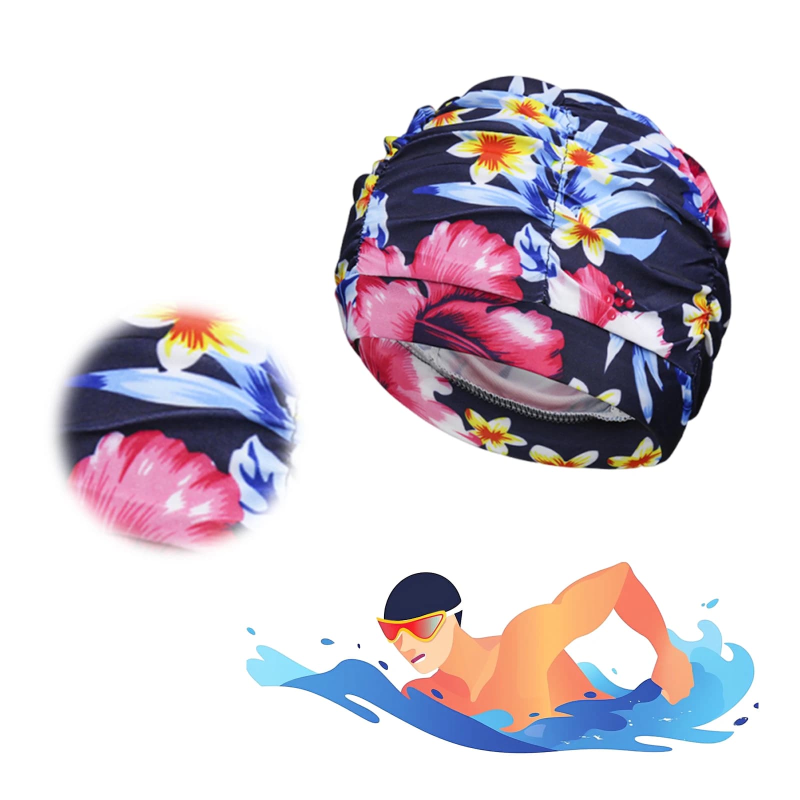 Printed Fabric Swim Cap Breathable Ear Protection Bathing Caps Lightweight Elastic Flexible Swim Caps for Beach/Pool/Indoor Spa