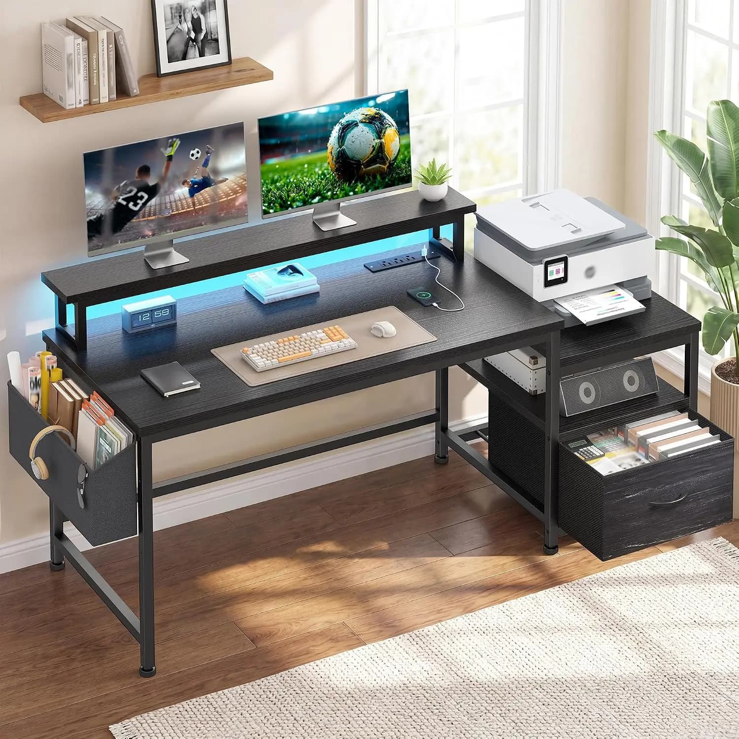 Office Desk with Drawers & Printer Shelf, 3 Outlets & 2 USB, LED Lights, Monitor Stand & Pockets, Home Office, 56.5", Customized