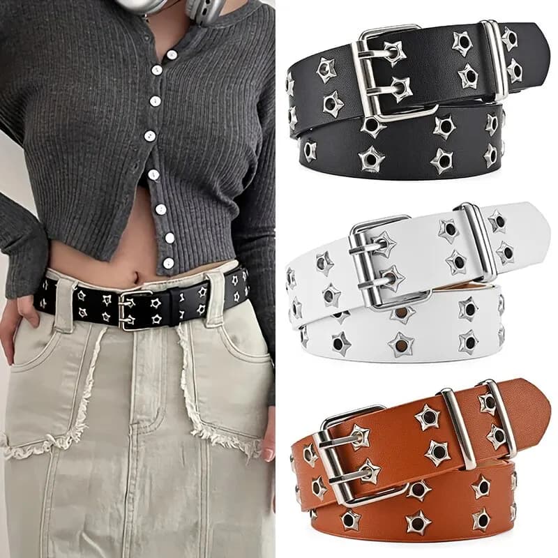 Nuova Cintura Star Eye Rivet in Stile Gotico con Doppia Fibbia, Cintura Casual alla Moda Punk in Pelle PU per Uomo/Donna, per Jeans, Stile Y2K