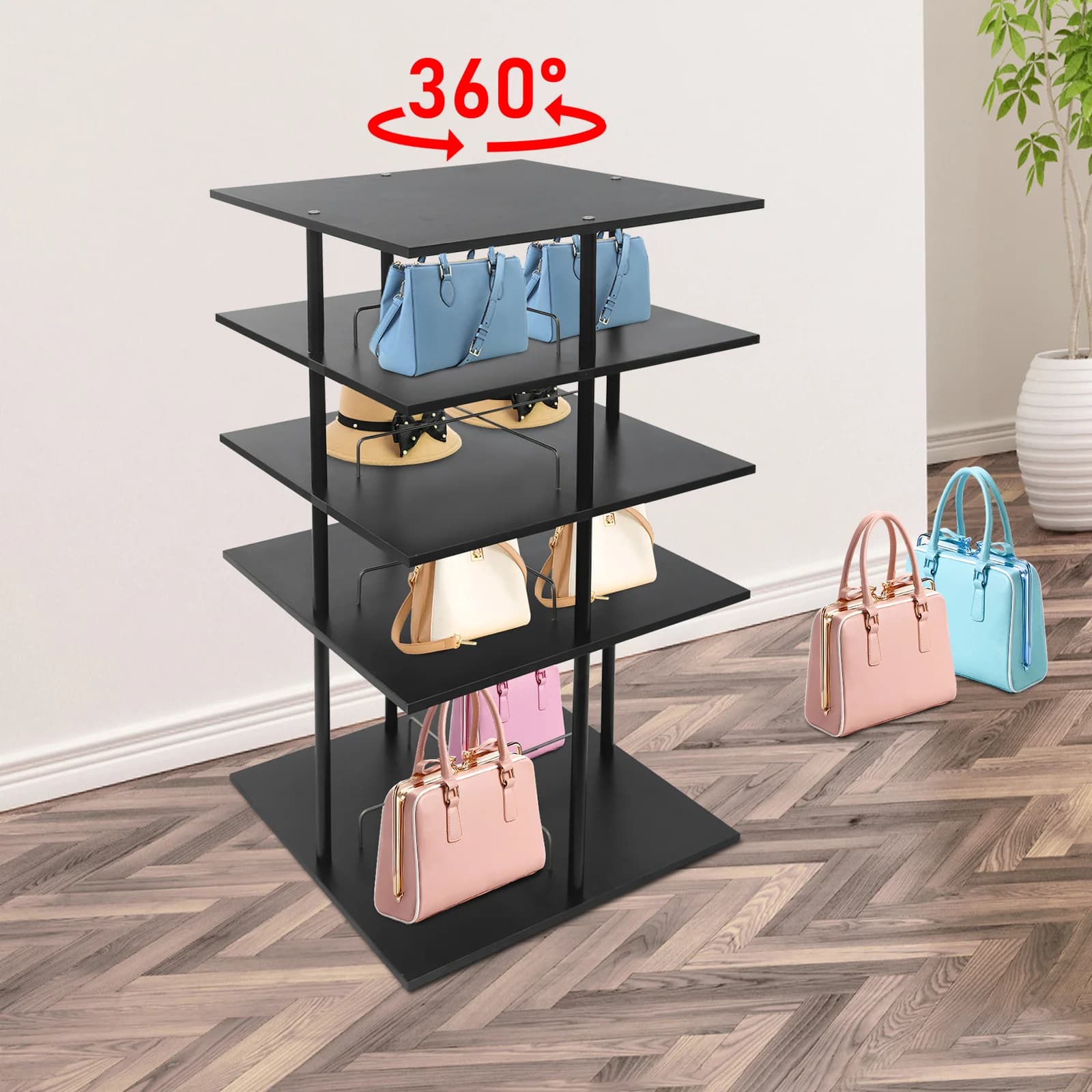 4-Tier 360° Rotating Shoe Rack Storage Organizer, Large Capacity Floor Stand for Boots Trainers Bags Hats, Heavy Duty Metal Paintless Board, Space Saving Home Entryway Closet, Black Modern Display Shelf