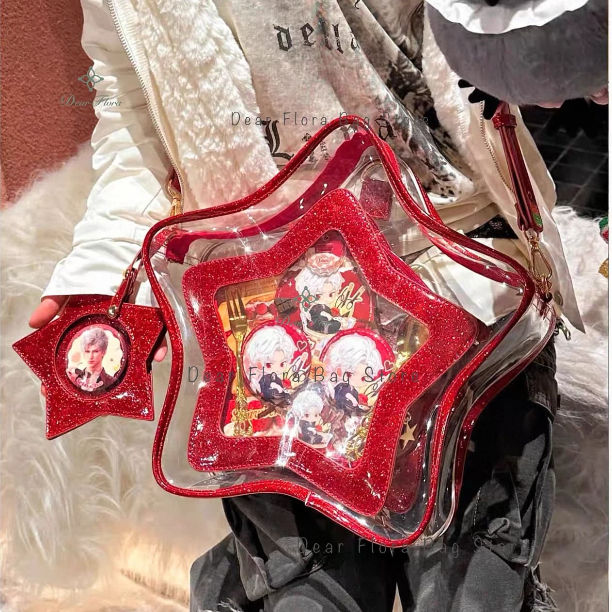 Borsa a tracolla Y2K con stelle luccicanti, mini zaino trasparente stile Harajuku, borsa a spalla alla moda, graziosa borsa combinata divertente per ragazze