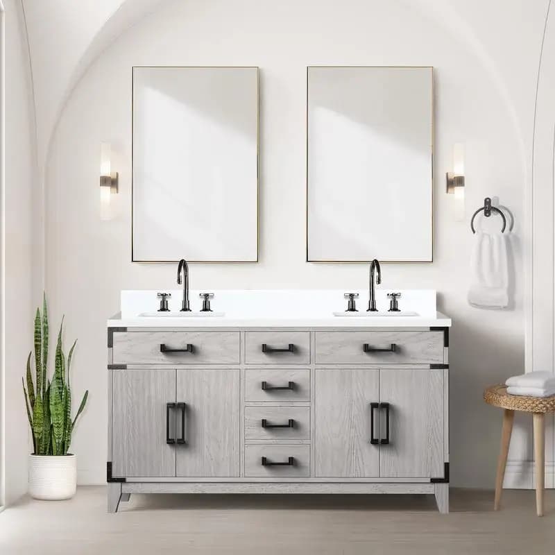 Vanity doppio in rovere bianco da 60" con piano in marmo coltivato, set di rubinetti e specchi da 28" - Elegante aggiornamento per il bagno