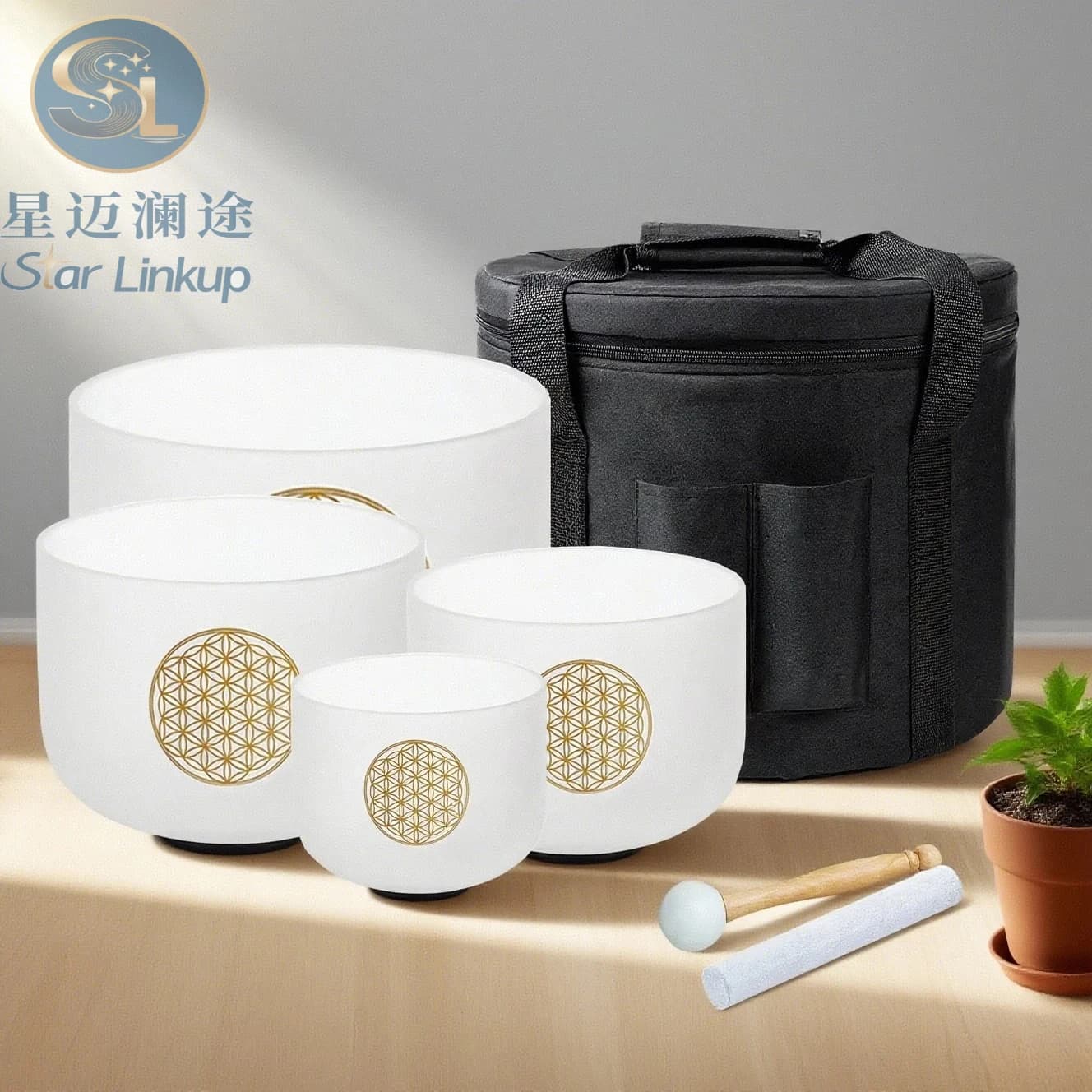 Star Linkup 6"B 8"G 10"E 12"C Flower of Life Quartz Crystal Singing Bowl Chakra Set 432Hz/440Hz with Black Storage Bag Sound Healing Instrument for Yoga Sound Bath Meditation & Chakra Balancing