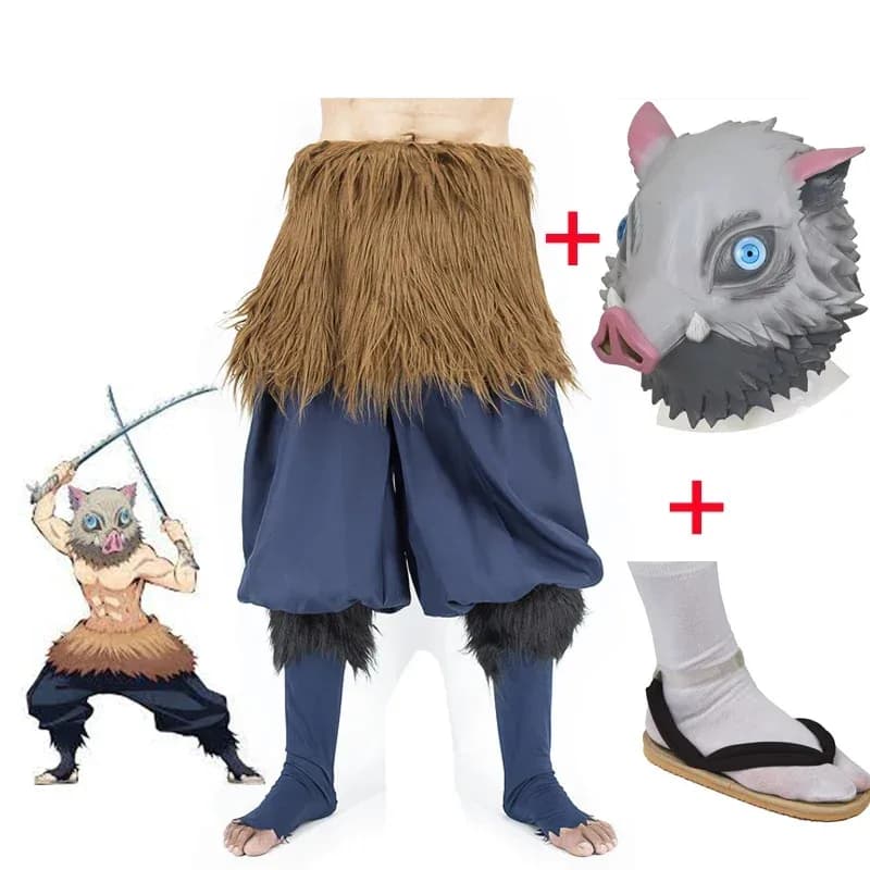 Anime Demone Slayer Kimetsu no Yaiba Hashibira Inosuke Costume Cosplay Maiale Maschera di Silicone Calzini Neri Sandali